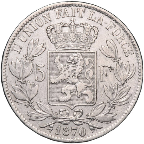 Belgium Leopold II Silver 5 Francs Coin