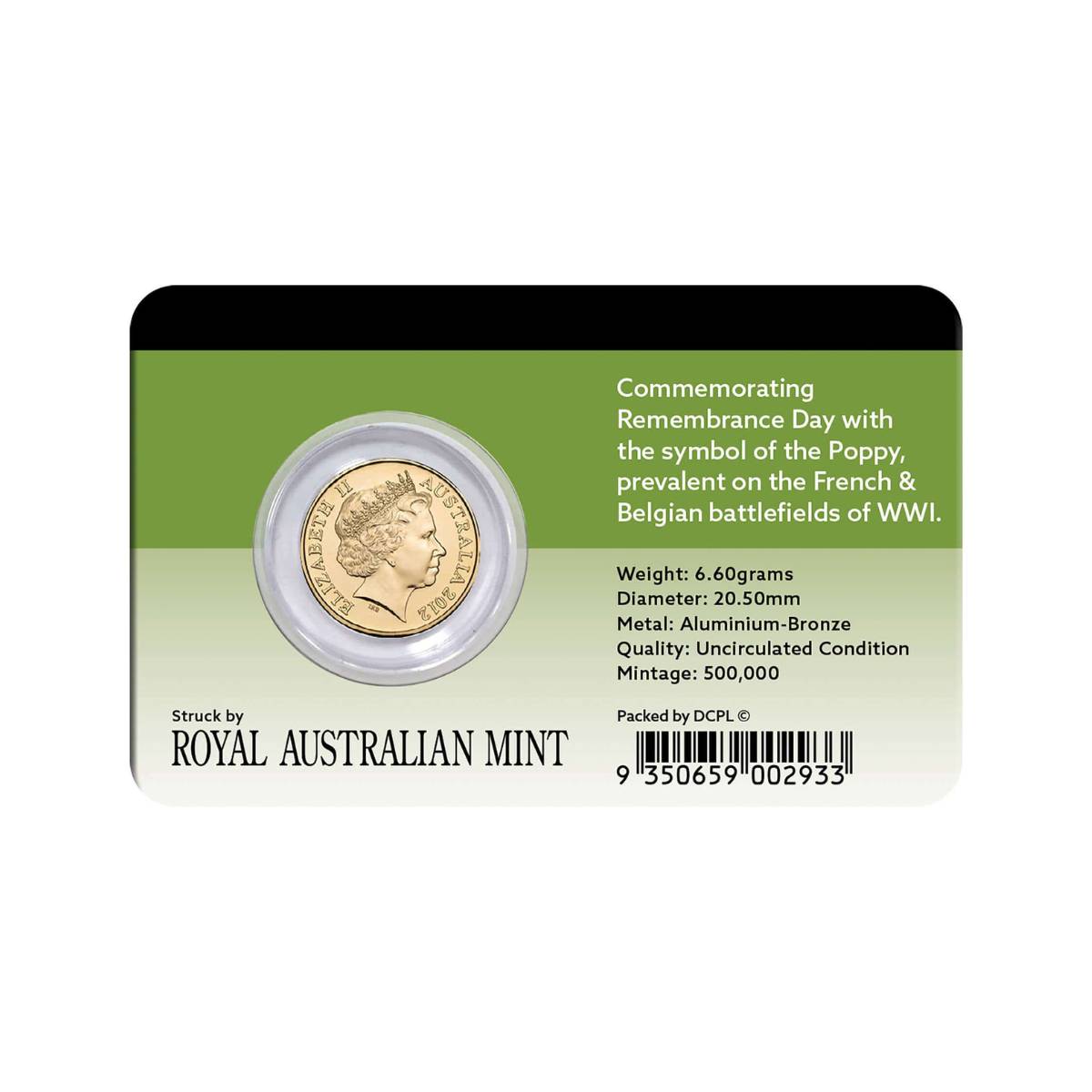 Australia Remembrance Day Red Poppy 2012 $2 Colour Aluminium-Bronze Uncirculated Coin Pack