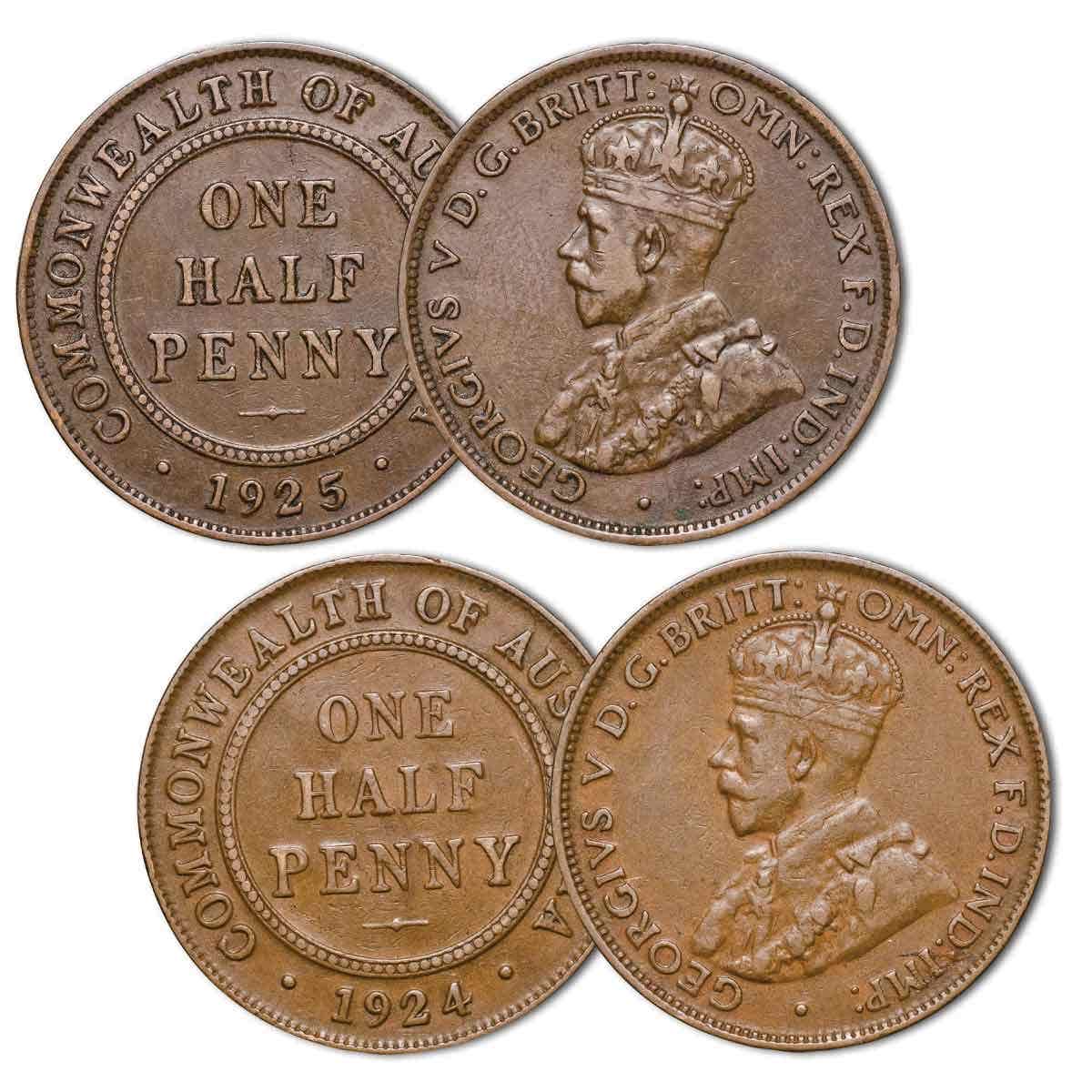 Australia George V 1924 & 1925 Halfpenny Pair Very Fine