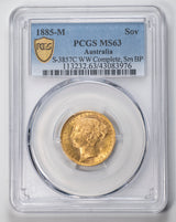 Queen Victoria 1885M Young Head St George Gold Sovereign PCGS MS63 (Choice Uncirculated)