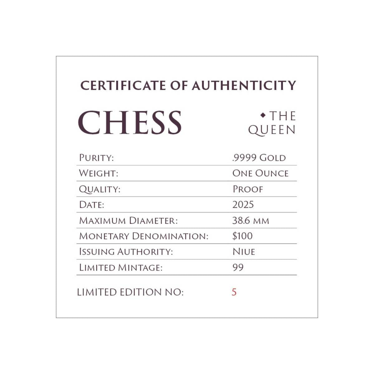 Chess Queen 2025 $100 Platinum-plated 1oz Gold Proof Coin