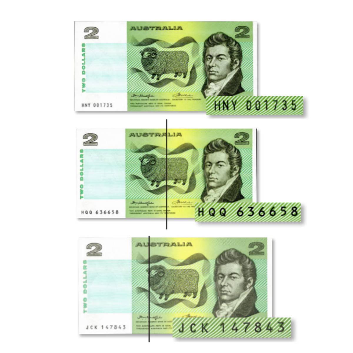 Australia 1976 $2 R86a, R86b & R86c Knight/Wheeler Gothic, OCR-B Centre Thread & OCR-B Side Thread Uncirculated Banknote Trio