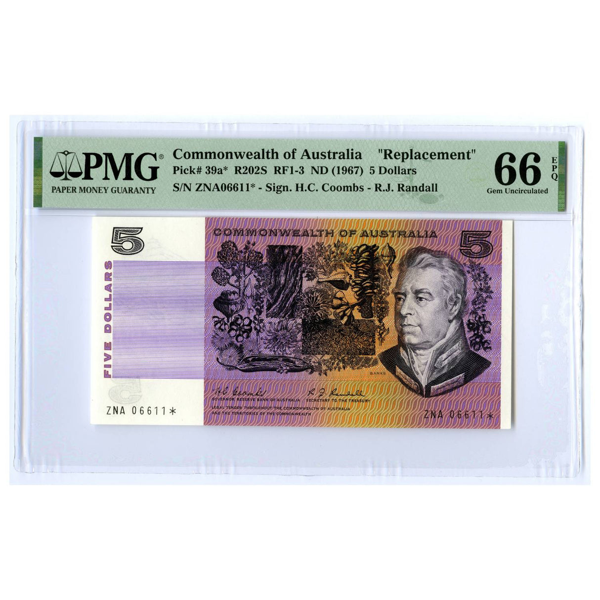 Australia 1967 $5 R202SF Coombs/Randall Star Note First Prefix PMG66 (Gem Uncirculated)