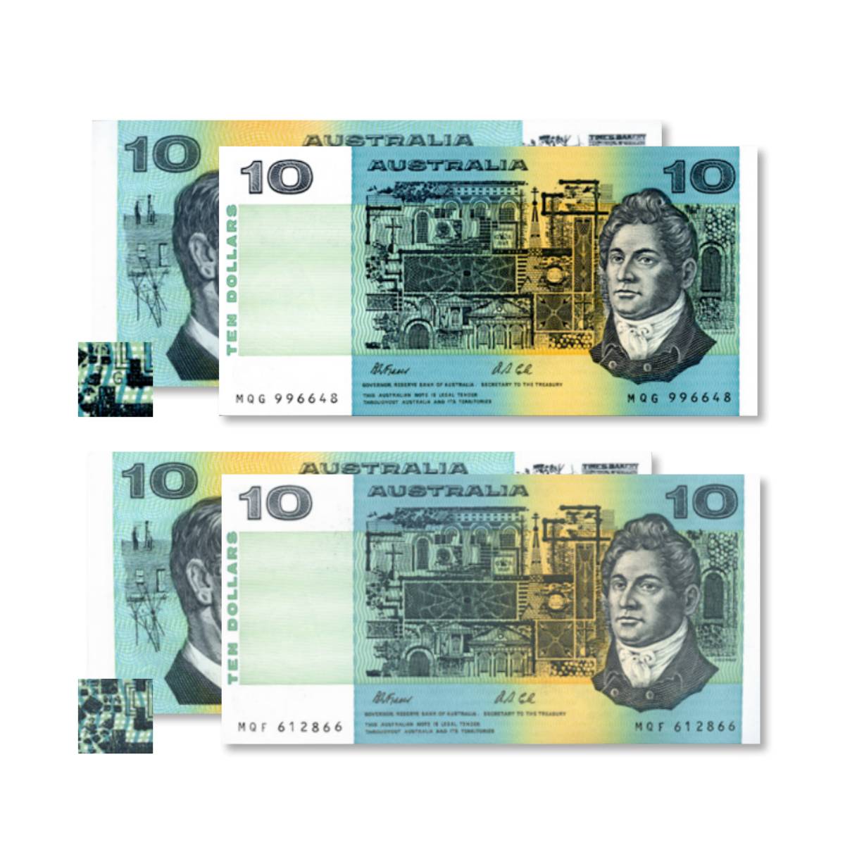 Australia 1991 $10 R313a & R313b Fraser/Cole Plate Identification Letter (PIL) & No PIL Uncirculated Banknote Pair