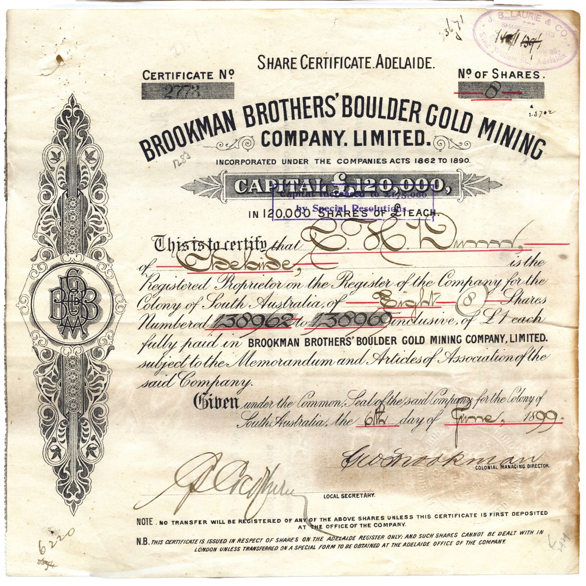 1895 Brookman Brothers Boulder WA Gold Mining Co. Ltd Certificate