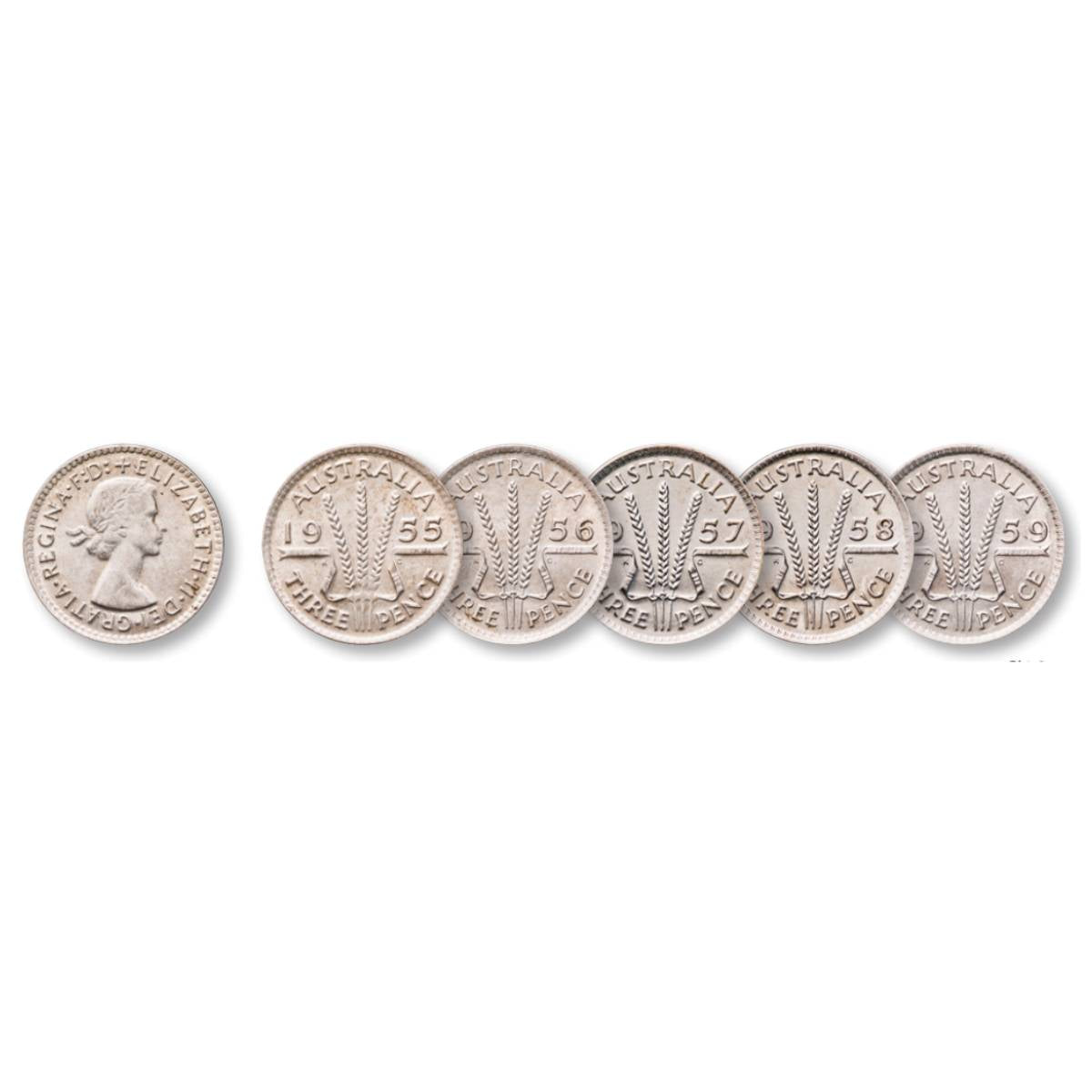 Australia Elizabeth II 1955-59 Silver Threepence about Uncirculated-Uncirculated 5-Coin Set