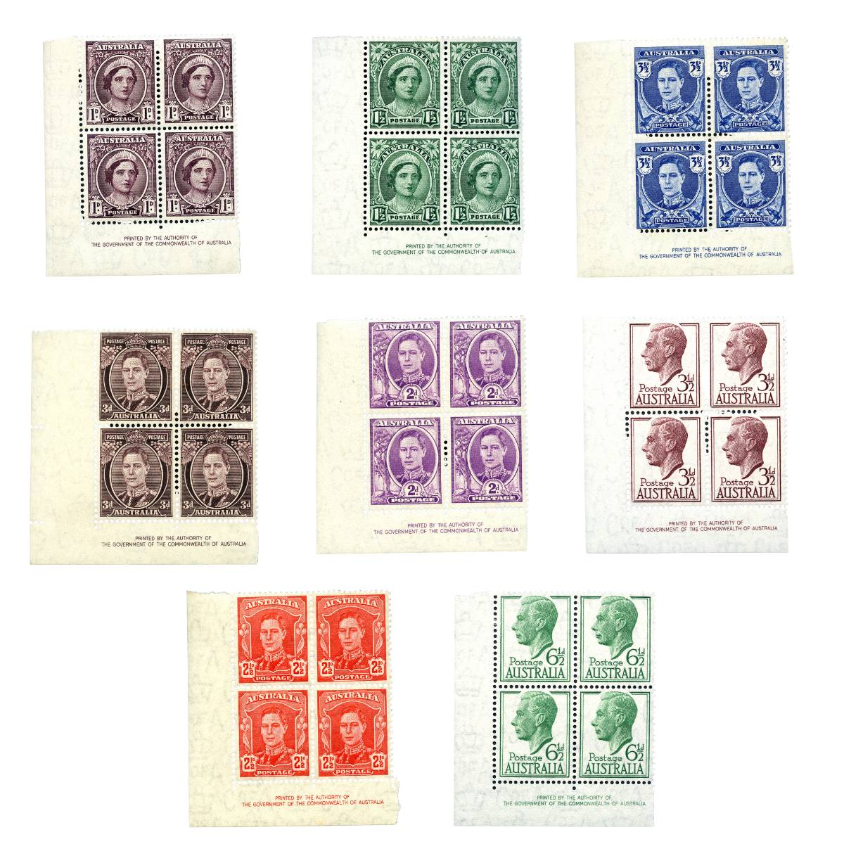 Australia 1942-51 Authority Imprint Blocks of Four Stamps 8-Block Set Mint Unhinged