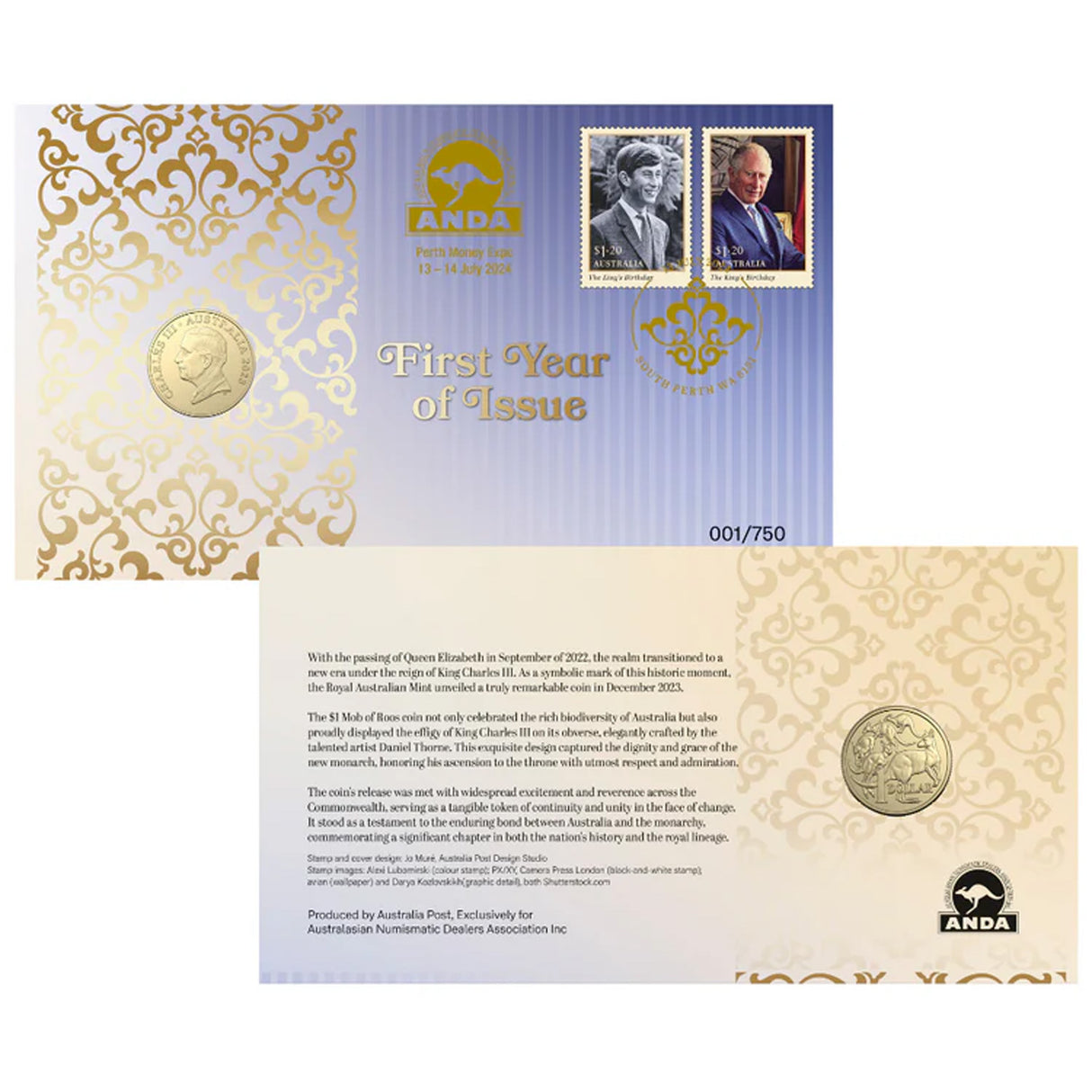 ANDA Perth Money Expo 2024 $1 First Year of Issue KCIII 2023 Stamp and Coin Cover