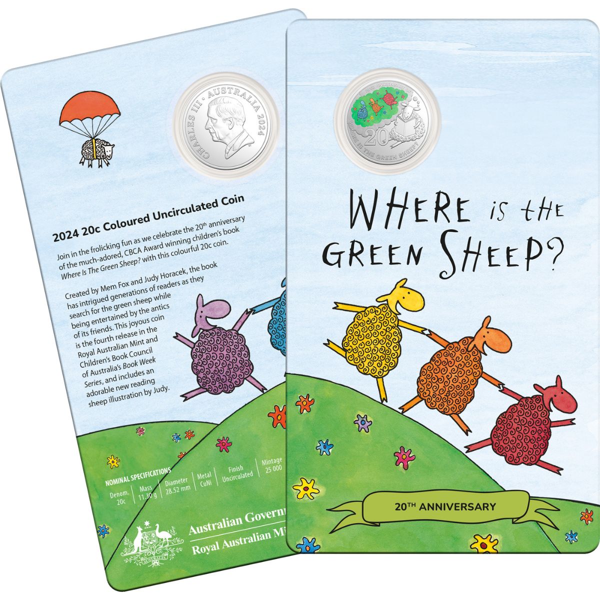 Australia Where is the Green Sheep 20th Anniversary 2024 20c Colour Cupro-Nickel Uncirculated Coin