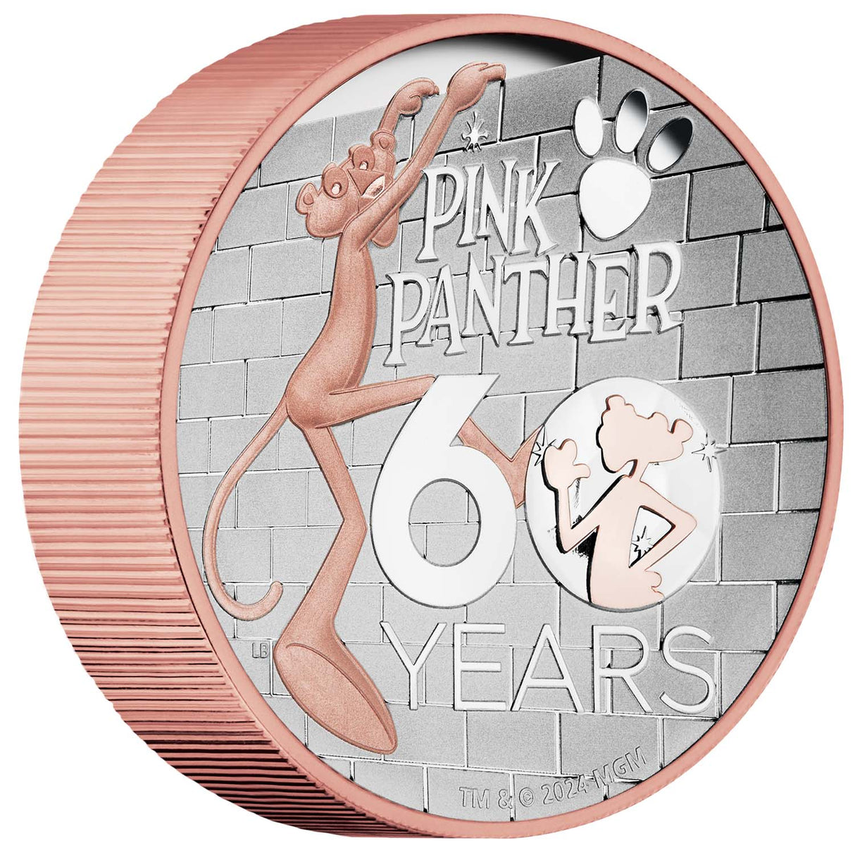 The Pink Panther 60th Anniversary 2024 $5 High Relief Gold-plated 5oz Silver Proof Coin