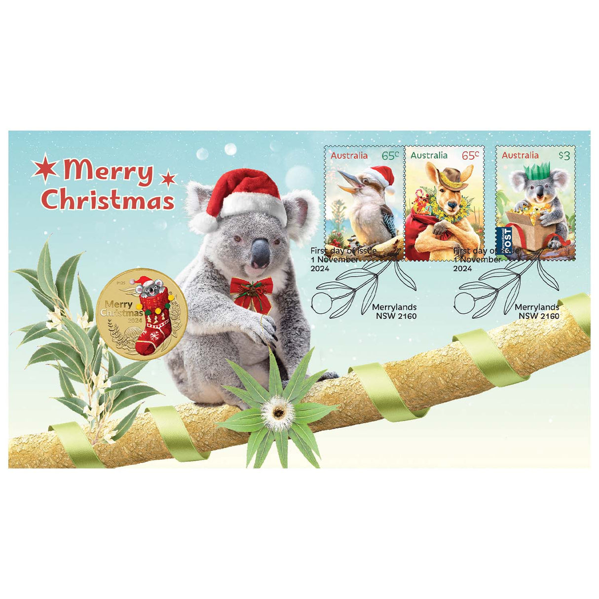 Australia Merry Christmas 2024 $1 Stamp & Coin Cover