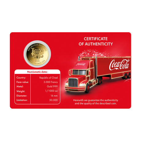 Coca-Cola 3000Fr 1/1000oz Gold Truck Coin in Card