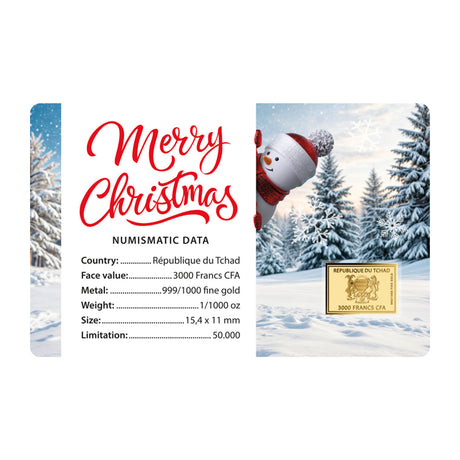 Christmas 3000Fr 1/1000oz Gold Christmas Tree Coin in Card