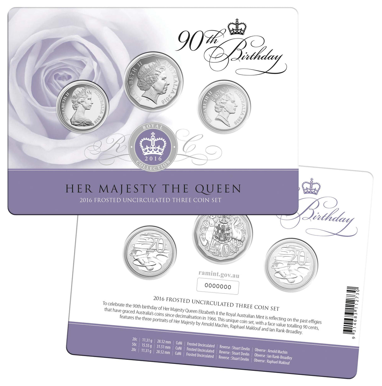 Australia Elizabeth II 90th Birthday 2016 20c-50c Cupron-Nickel Frosted Uncirculated 3-Coin Set