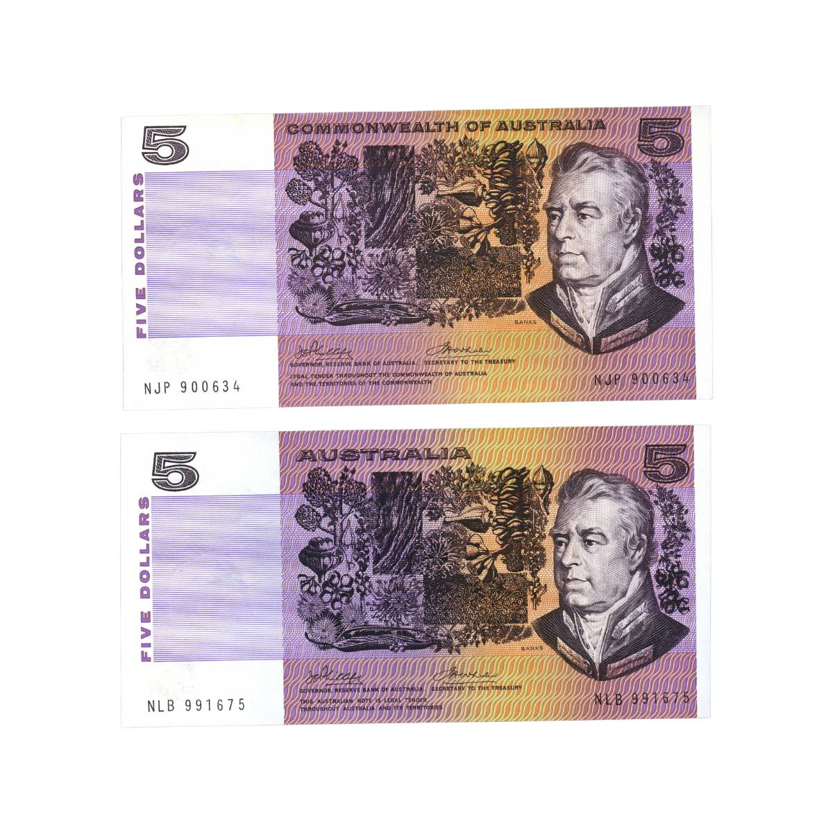 Australia Phillips/Wheeler 1972 $5 R204 Commonwealth & 1974 $5 R205 Australia Uncirculated Banknote Pair Uncirculated