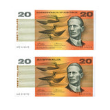 Australia Phillips/Wheeler 1972 $20 R404 Commonwealth & 1974 $20 R405 Australia Uncirculated Banknote Pair Uncirculated