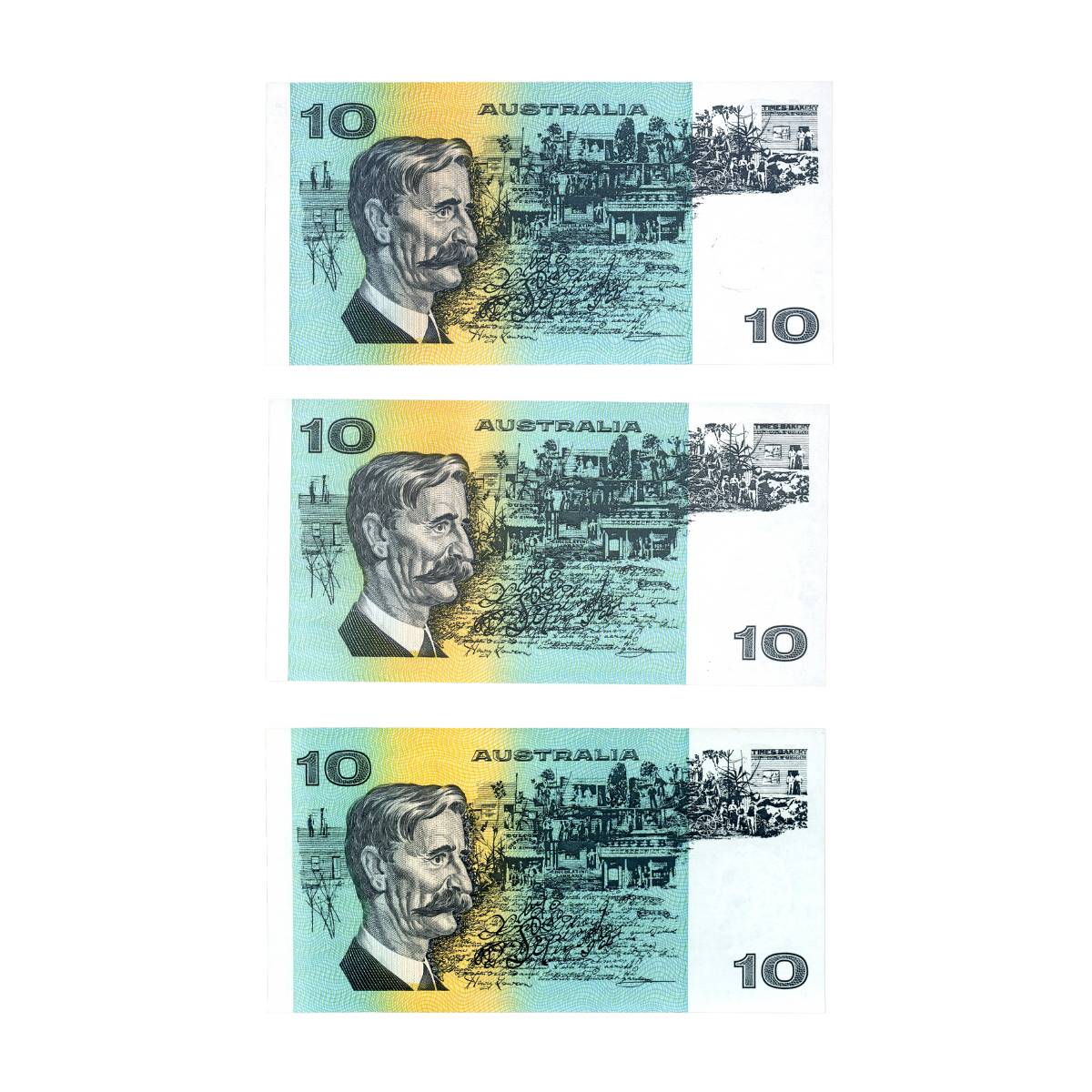 Australia 1985-91 Last Three Paper $10 Uncirculated Banknote Set