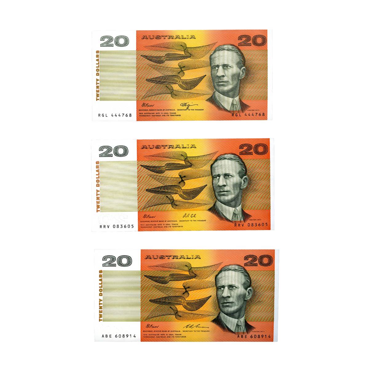 Australia 1989-93 Last Three Paper $20 Uncirculated Banknote Set