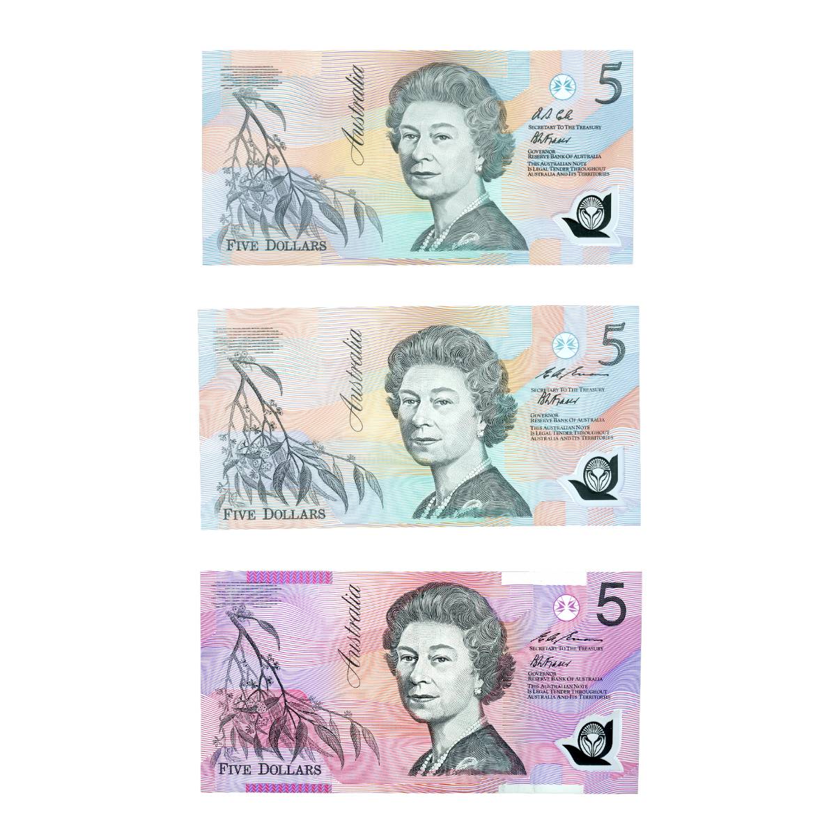 Australia 1992-95 First Three $5 Polymer Uncirculated Banknote Set