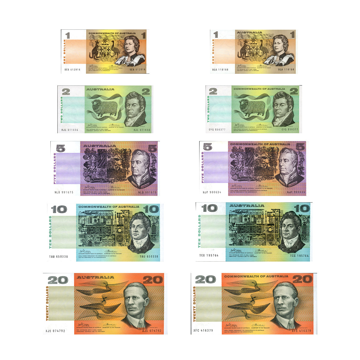 Australia 1972-74 Phillips/Wheeler Commonwealth & Australia Banner $1-$20 Uncirculated 10-Note Set