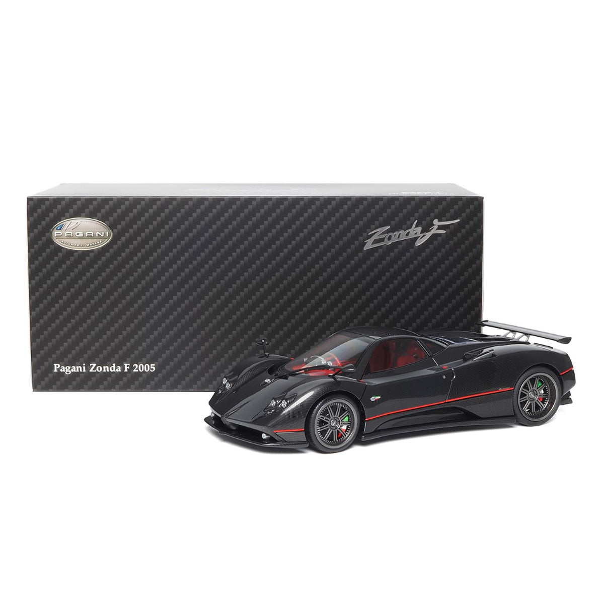 PAGANI ZONDA F - 2015 - GLOSS CARBON BLACK W/RED STRIPE - 1:18 Scale Diecast Model Car