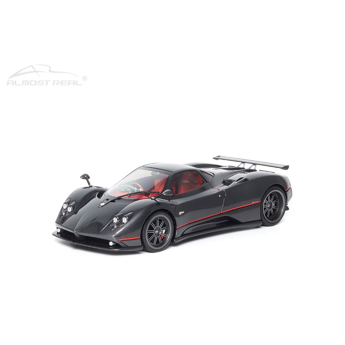 PAGANI ZONDA F - 2015 - GLOSS CARBON BLACK W/RED STRIPE - 1:18 Scale Diecast Model Car