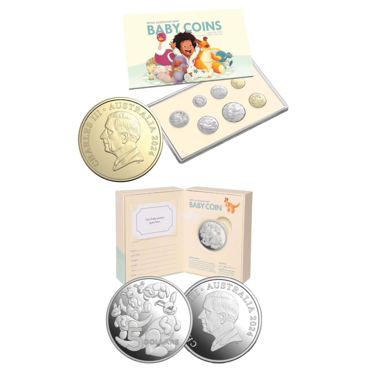 Australia 2024 Baby Mint Set + Toy Kangaroo 2024 $5 1oz Silver Proof Coin