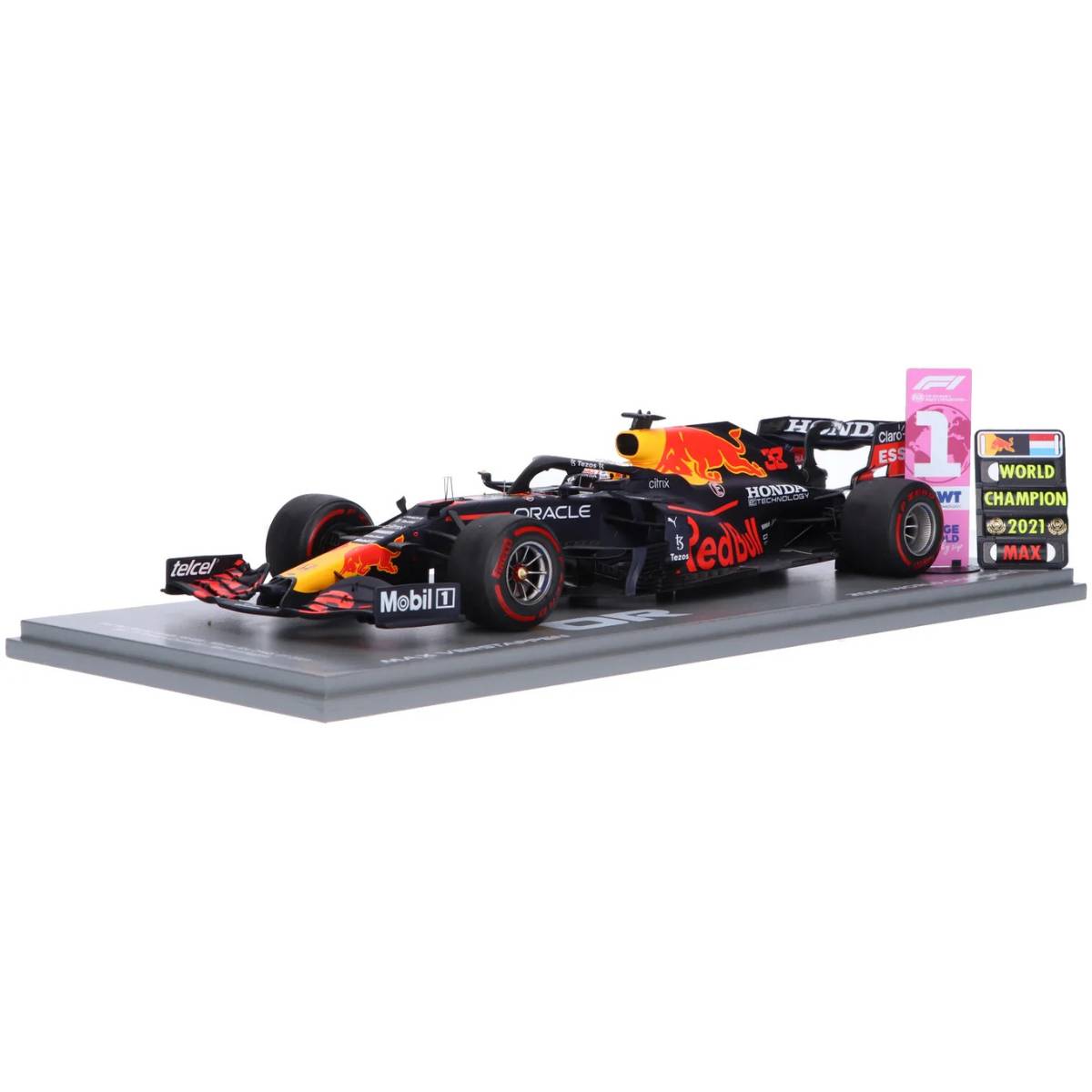 Red Bull Racing Honda RB16B No.33 Red Bull Racing - Winner Abu Dhabi GP 2021 - World Champion Edition With No.1 Board and Pit Board.  Max Verstappen.  With Acrylic Cover - 1:18 Scale Resin Model Car