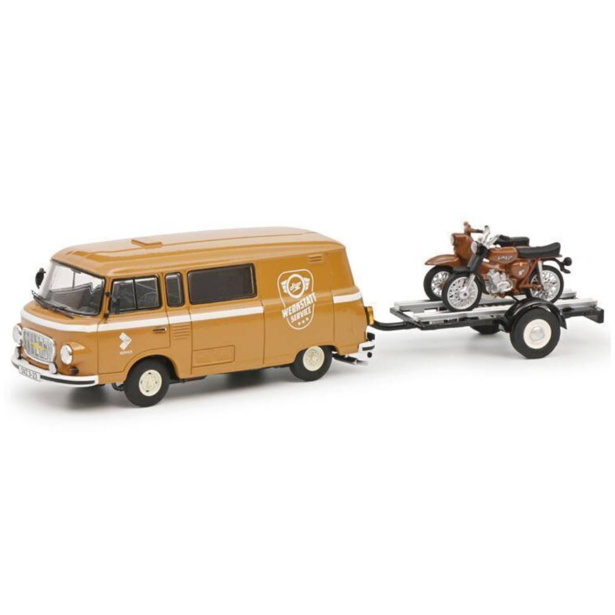 Barkas B1000 Van Werkstatt Service 1965 With Trailer + 2x Motorcycle - 1:43 Scale Diecast Model Truck