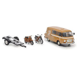 Barkas B1000 Van Werkstatt Service 1965 With Trailer + 2x Motorcycle - 1:43 Scale Diecast Model Truck