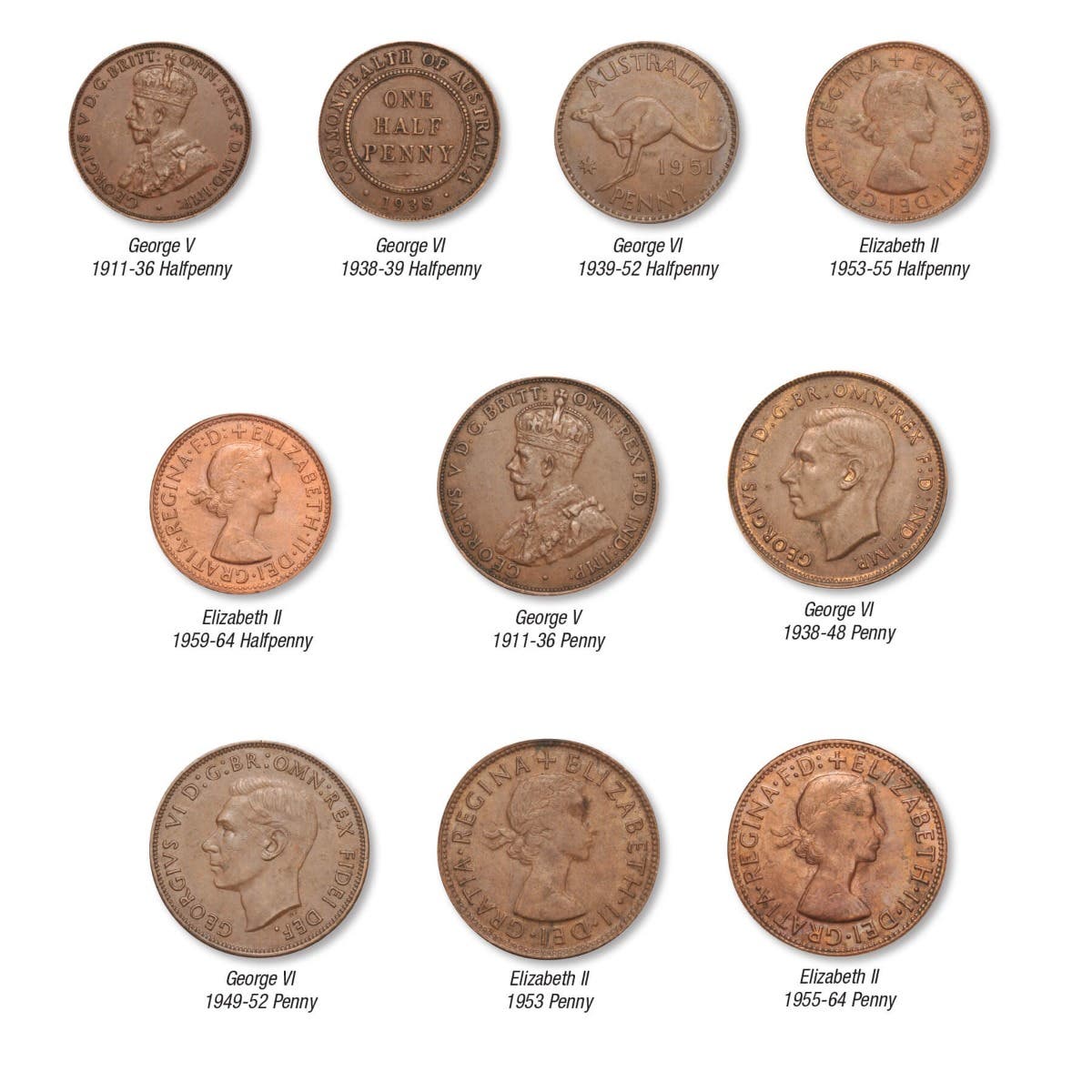 1911-64 Halfpenny & Penny Type Collection Extremely Fine-Uncirculated