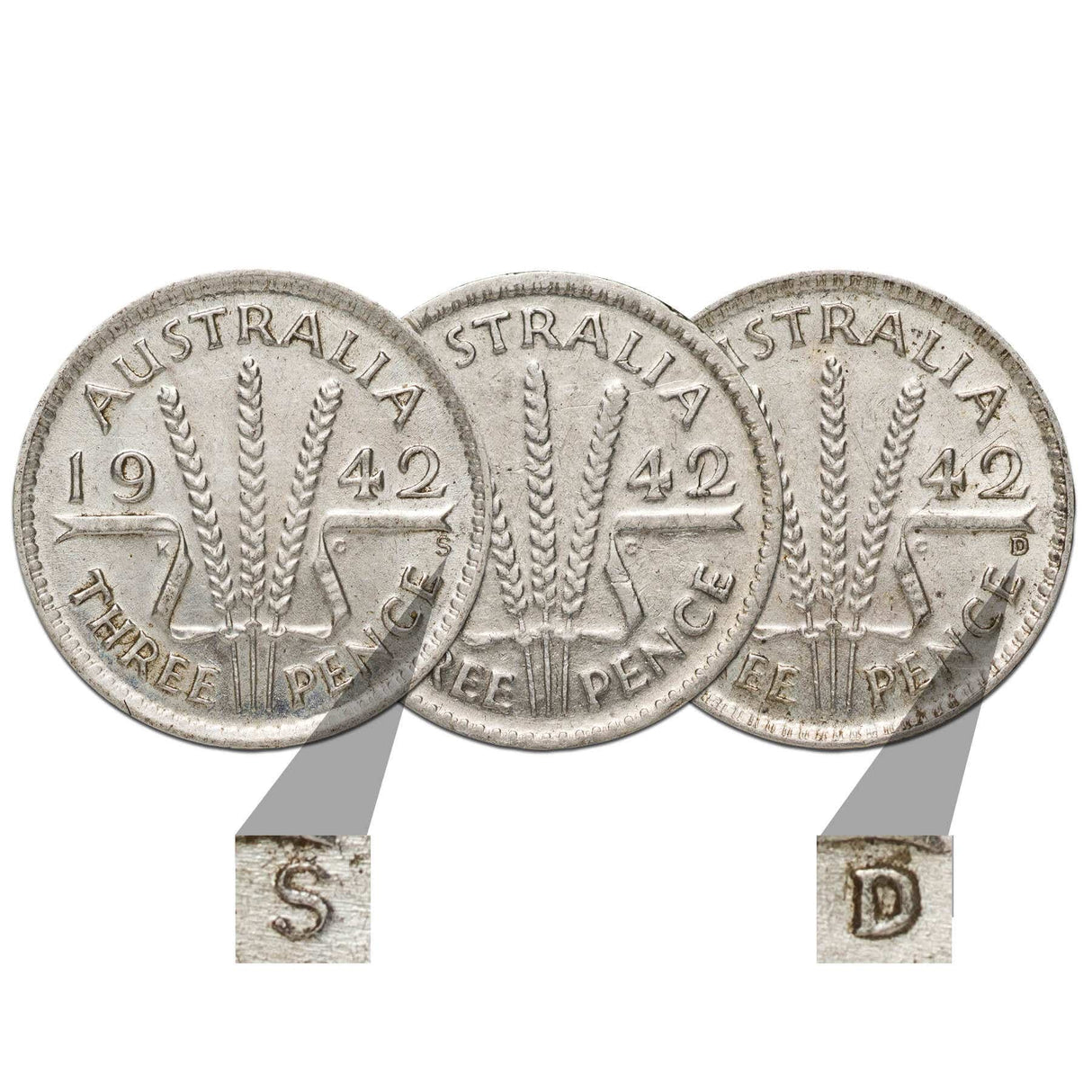 1942, 194Florin, 1942S Threepence Complete Mintmark Set VF-EF