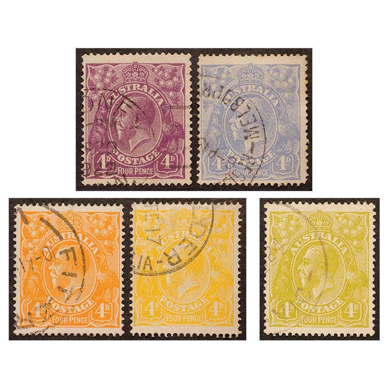 1915-1924 4d Orange, Lemon, Purple, Blue & Olive 5-Stamp Set Fine Used