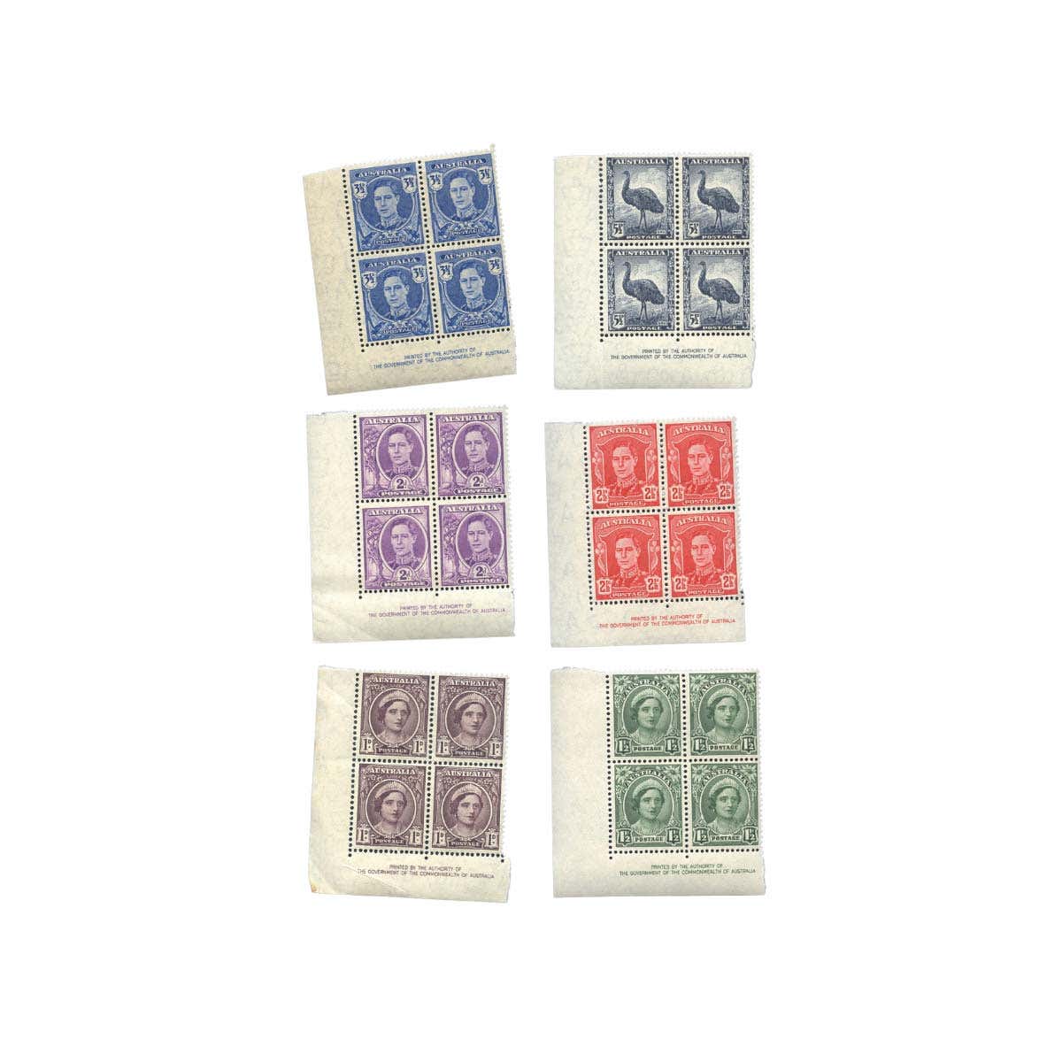 Australia 1941-44 1d-5½d Definitive Series Authority Imprint Block of Four Stamps Set of 6 Mint Unhinged