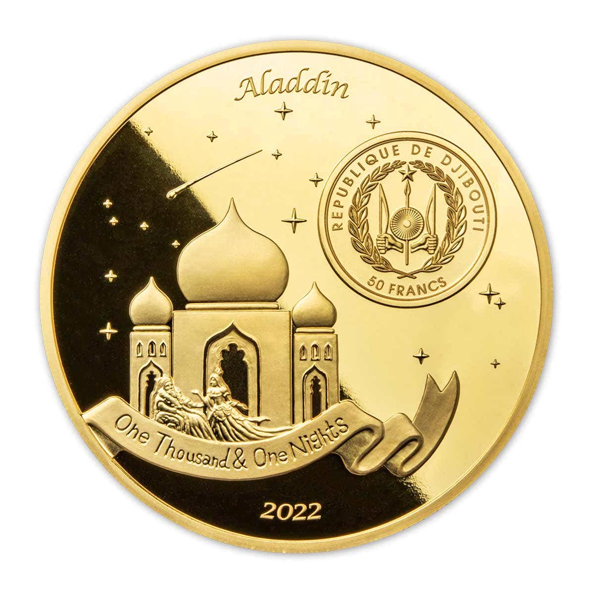 Aladdin 2022 50 Francs 1,001 Nights Gold-Plated Copper Prooflike Coin