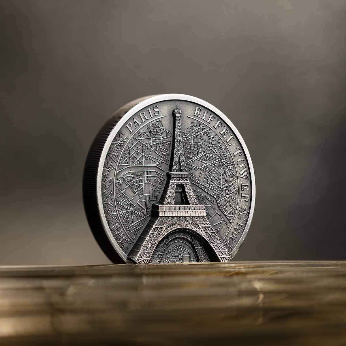 Eiffel Tower 2024 $10 Ultra High Relief 2oz Silver Antique Coin